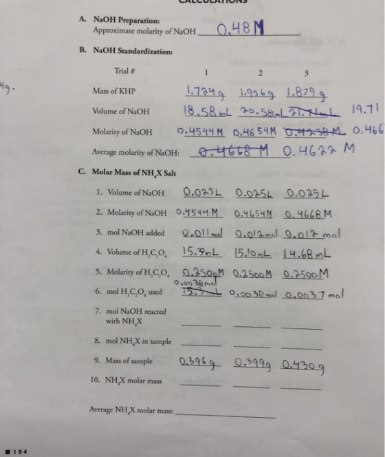 CALCULATIONS A. NaOH Preparation: Approximate molarity of NaOH 0.48M B. NaOH Standardization: Trial # Mass of KHP 1.7249 1.95