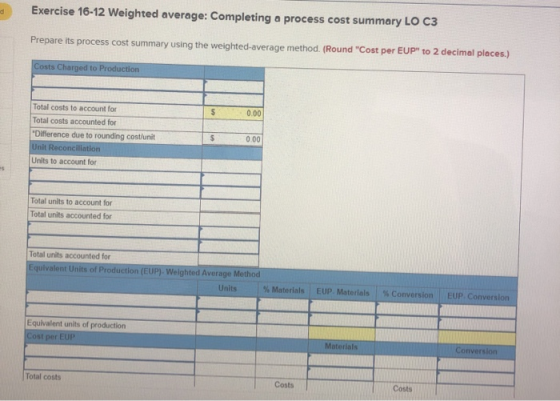 Exercise 16-12 Weighted average: Completing a process cost summary LO C3 Prepare its process cost summary using the weighted-