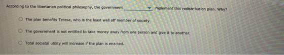 According to the libertarian political philosophy, the government implement this redistribution plan. Why? O The plan benefit