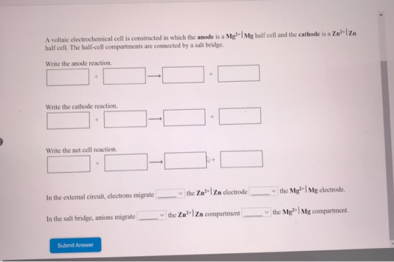 A voltaic electrochemical cell is constructed in which the anode is a Mg?+| Mg half cell and the cathode is a Zn?-Izn half ce