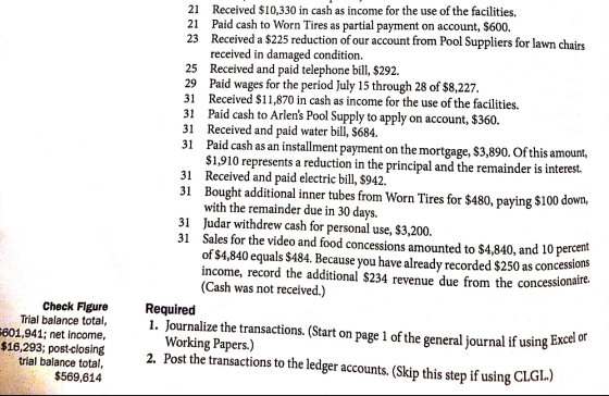 21 Received $10,330 in cash as income for the use of the facilities. 21 Paid cash to Worn Tires as partial payment on account