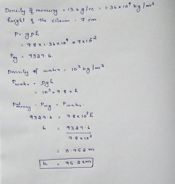 3. 13.6 glee 136x184 kg Im : 7 cm Density of mercury height of the coloum Peggh x 104 9.8 x 1.36x10 х 3х16 2 Ptg 9329.6. 3 10