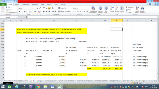 Home nert Page Layout Formulas Data Review View dd-Ins Cut Copy Σ AutoSum ー E ゴWrap Text в 1 프 . Ej-., Δ. : rーー 逻锂函Merge & Center. $, % , 弼,8 Conditional Format eCell Insert Delete Format Sort &Find & Format Painter Formatting as Table Styles2 Clear Clipboard Alignment Number Cells Edting H103 101 102 103 104 105 106 107 108 109 110 NOMINAL CASHFLOWS SHOULD BE DISCOUNTED WITH NOMINAL RATE REAL CASHFLOWS SHOULD BE DISCOUNTED WITH REAL RATE REAL RATE (1+NOMINAL RATE)/(1+INFLATION RATE) -1 REAL RATE (1 +0.13)/(1+0.04) -1- 8.6538% PV FACTOR AT 8.6538% PV FACTOR AT 13% PV OF CF PROJECTA P R PV OF CF PROJECT B Q s NOTE ON PV FACTOR 8.6538% YEAR PROJECT A PROJECT B 112 113 114 115 116 45000 21000 23000 25000 1/(1+0.06538)A0 1/(1+0.06538)A1 1/(1+0.06538)42 1/(1+0.06538)A3 0 18000 16000 12000 0.9204 0.8471 0.7796 1 -30000.00 -45000.00 0.8850 16566.37 18584.07 0.7831 13552.82 18012.37 0.6931 9355.05 17326.25 9474.24 8922.70 NPV 118 119 (4 AS NPV IS HIGHER FOR PROJECT A, IT IS TO BE SELECTED | YTC , NPV 3 ASSETS NPV | real dat . allocation amorti LOAN OPTIONS . SPLIT VALUE OF SHARE . HPR REAL RETURN (EPS BEST PLAN EAC HIGH LOW . Sheet1 , 16-01-2019