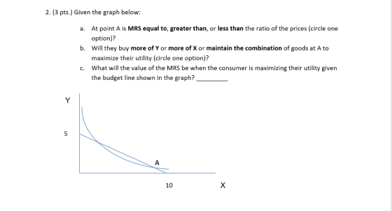 2. (3 pts.) Given the graph below: a. At point A is MRS equal to, greater than, or less than the ratio of the prices (circle one b. Will they buy more of Y or more of X or maintain the combination of goods at A to c. What will the value of the MRS be when the consumer is maximizing their utility given option)? maximize their utility (circle one option)? the budget line shown in the graph? 10