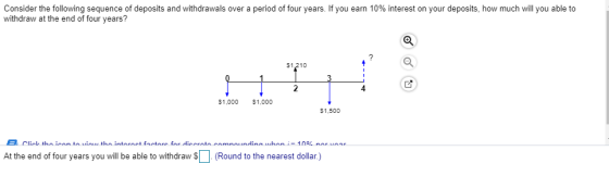 Consider the following sequence of deposits and withdrawals over a period of four years. If you earn 10% interest on your deposits how much will you able to withdraw at the end of four years? $1 210 4 $1,000 $1,000 $1,500 At the end of four years you will be able to withdraond to the nearest dollar.)