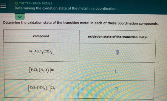O THE TRANSITION METALS Determining the oxidation state of the metal in a coordination... Determine the oxidation state of th