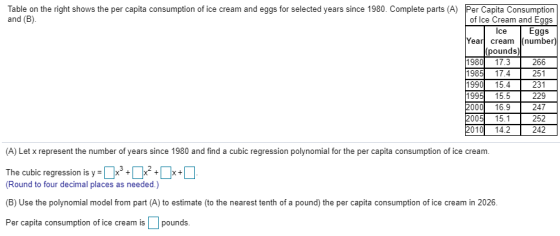 Table on the right shows the per capita consumption of ice cream and eggs for selected years since 1980. Complete parts (A) P