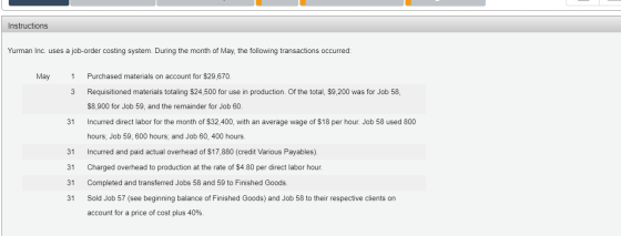 Instructions Yurman Inc. uses a job-order costing system. During the month of May, the following transactions occurred: May 1