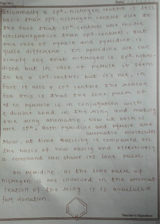 Page No Date TONormally a spz nitrogen centre is less bosic than sp-nitrogen centre due to I the fact that spa centres alle m