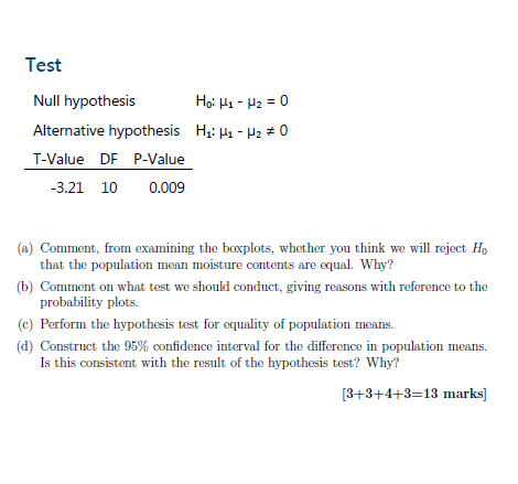 Test Null hypothesis Ho: H1 - H2 = 0 Alternative hypothesis Hy: Hi - M2 0 T-Value DF P-Value -3.21 10 0.009 (a) Comment, from