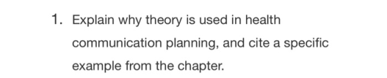 1. Explain why theory is used in health communication planning, and cite a specific example from the chapter.