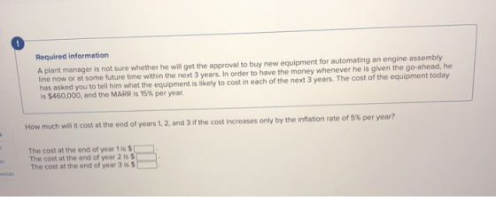 Required information A plant manager is not sure whether he will get the approval to buy new equipment for automating an engi