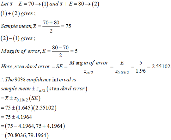 Let x-E=70→(1)and x + E = 80 → (2) (1)+(2) gives; 70+80 2 Saample mean,x-lS (2)-(1) gives; 80-70 2 Margin of E5 Here, stan dard eor SE ー 2.55102 1.96 -0.05/2 The 90% confidence mt eval is sample meamt za/2 (stan dard error) 20.10/2S =75 ±(1.645)(2.55102) 75 ± 4. 1964 (75-4.1964, 75 4.1964) (70.8036,79.1964)