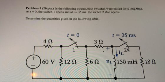 Problem 5 (20 pts. In the following circuit, both switches were closed for a long time. At t=0, the switch 1 opens and at t =
