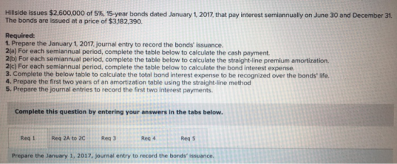 Hillside issues $2,600,000 of 5%, 15-year bonds dated January 1, 2017, that pay interest semiannually on June 30 and December