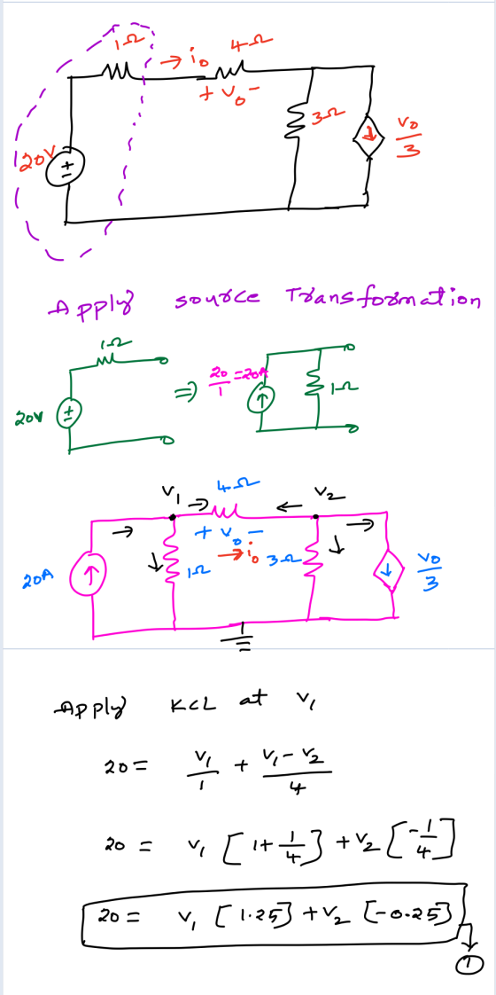 Muri m ? lor tv - {r solm pply source Transformation 20V stran > T? ROA Apply KCL at v 20= y + vit 20 = vi [i++3 +vz [*] 20