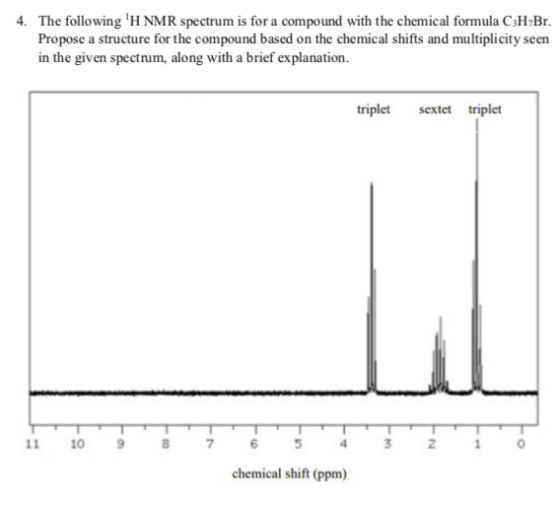 4. The following H NMR spectrum is for a compound with the chemical formula C3HBr. Propose a structure for the compound based on the chemical shifts and multiplicity seen in the given spectrum, along with a brief explanation triplet sextet triplet 11 109876 4320 5 chemical shift (ppm)