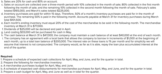 b. Sales are 20% for cash and 80% on account. c. Sales on account are collected over a three-month period with 10% collected