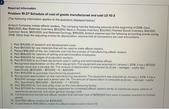 Required information Problem 10-27 Schedule of cost of goods manufactured and sold LO 10-3 (The following information applies