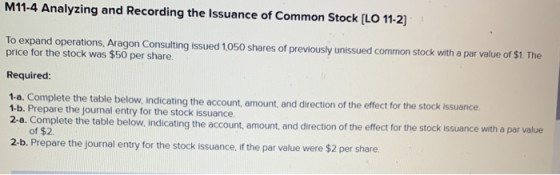 M11-4 Analyzing and Recording the Issuance of Common Stock [LO 11-2] To expand operations, Aragon Consulting issued 1,050 sha