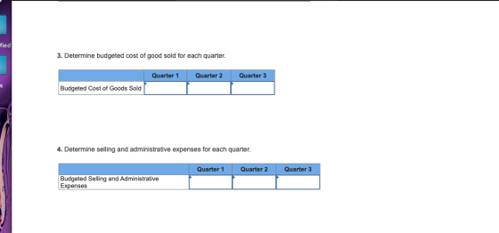 fied 3. Determine budgeted cost of good sold for each quarter. Quarter 1 Quarter 2 Quarter 3 Budgeted Cost of Goods Sold 4. D