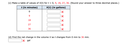 (c) Make a table of values of V(t) for t = 0, 9, 18, 27, 36. (Round your answer to three decimal places.) t (in minutes) V(t)