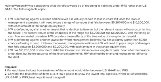 HolmesWatson (HW) is considering what the effect would be of reporting its liabilities under IFRS rather than U.S. GAAP. The