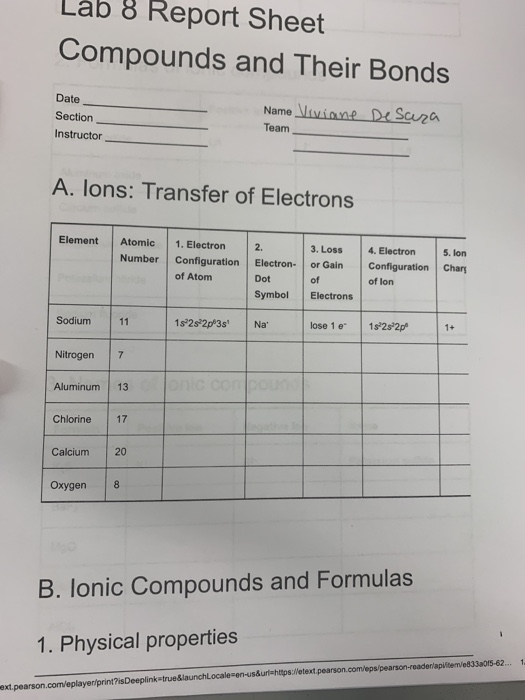 Lab 8 Report Sheet Compounds and Their Bonds Date Section Instructor Name Viviane De Sara Team A. Ions: Transfer of Electrons