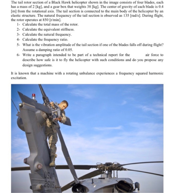 The tail rotor section of a Black Hawk helicopter shown in the image consists of four blades, each has a mass of 2 [kg], and