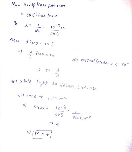 for mormal incidence o=900 NA= no. of lines per mm = 605 lines Imm & d = I= NA 10-3m 605 Now d Sino ma =) I sine d Sino=m =)
