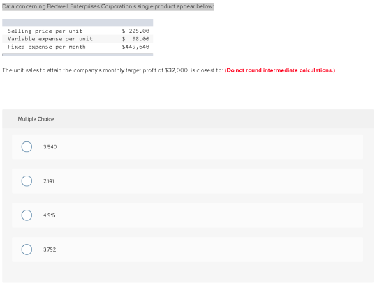 Data concerning Bedwell Enterprises Corporations single product appear below: Selling price per unit Variable expense per un