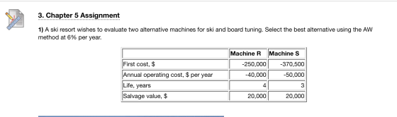 3. Chapter 5 Assignment 1) A ski resort wishes to evaluate two alternative machines for ski and board tuning. Select the best
