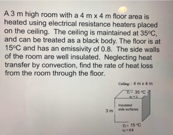 A 3 m high room with a 4 m x 4 m floor area is heated using electrical resistance heaters placed on the ceiling. The ceiling is maintained at 35oC and can be treated as a black body. The floor is at 15°C and has an emissivity of 0.8. The side walls of the room are well insulated. Neglecting heat transfer by convection, find the rate of heat loss from the room through the floor Ceiling: 1 4 m x 4 m 35 °C Insulated side surfaces 3 m T 15 oC 82-0.8