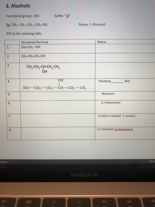3. Alcohols Functional group: -OH Suffix: o! Eg: CH3-CH2-CH2-CH2-OH Name: 1-Butanol Fill in the missing info. Name Structur