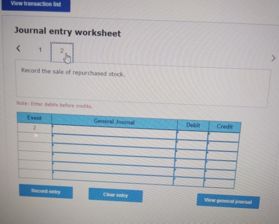 View transaction list Journal entry worksheet Record the sale of repurchased stock. Note: Enter debits before credits. Event