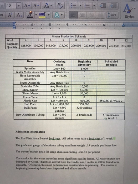 Master Production Schedule Week 10 12 ipment Quantity emtn 125,000 100,000 145,000 175,000 200,000 220,000 220,00 230,000 235,000 Item Ordering Policy Lot-800 Beginning Inventory Scheduled Receipts Sprinkler Water Motor AssemblyAny Batch Size Hose Receptacle Assembly Lots 10,000 Frame Assembly Any Batch Size Any Batch Size Lot- 100,000 Lot- 1,000 Lot for Lot Lot- 250,000 Lot- 1,000,000 Lot-8500 gallons 0 10,000 Sprinkler Tube Metal Screw Water Motor Frame Tube 50,000 250,000 in Week 2 End Plate Bulk Paint 3200 gallons Raw Aluminum Tubing Lot 3500 2 Truckloads 5 Truckloads in Week 1 sections Additional Information The End Plate has a 2-week leadsime All other items have a lead sine of I week. The grade and gauge of aluminum tubing used here weighs 15 pounds per linear foot. The current market price for scrap aluminum tubing is $0.40 per pound. The vendor for the water motor has some significant quality issues. All water motors are inspected by Green Thumb on arrival from the vendor and 1 motor in 200 is found to be unusable. Of course, this must be taken into consideration in planning. The motors in beginning inventory have been inspected and all are useable.