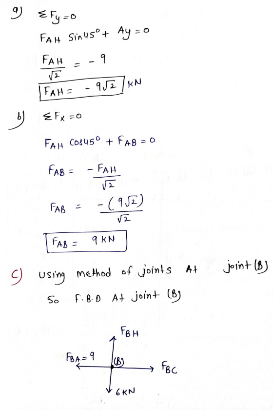 9) Efy=0 FAH Sin 45° + Ay = 0 FAH va - 9 FAH = -952 /kN E Fx = 0 FAH 208450 + FAB = 0 FAB = - FAH 12 FAB = - (952) va FAB = 9