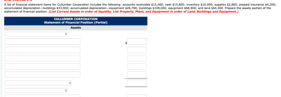 A list of financial statement items for Cullumber Corporation includes the following: accounts receivable $15,400; cash $15,8