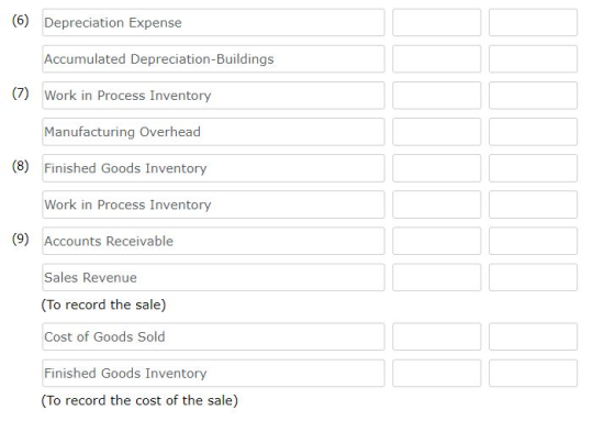 6) Depreciation Expense Accumulated Depreciation-Buildings (7) Work in Process Inventory Manufacturing Overhead (8) Finished