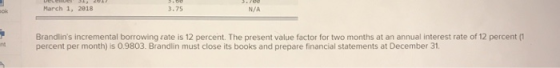 March 1, 2018 Brandlins incremental borrowing rate is 12 percent. The present value factor for two months at an annual inter