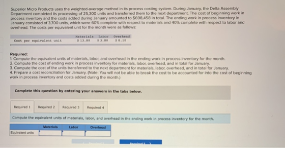 Superior Micro Products uses the weighted average method in its process costing system. During January, the Delta Assembly De