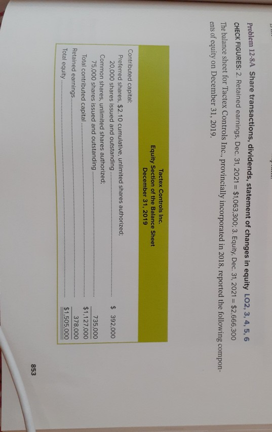 15 L Problem 12-8A Share transactions, dividends, statement of changes in equity LO2, 3, 4, 5, 6 CHECK FIGURES: 2. Retained e
