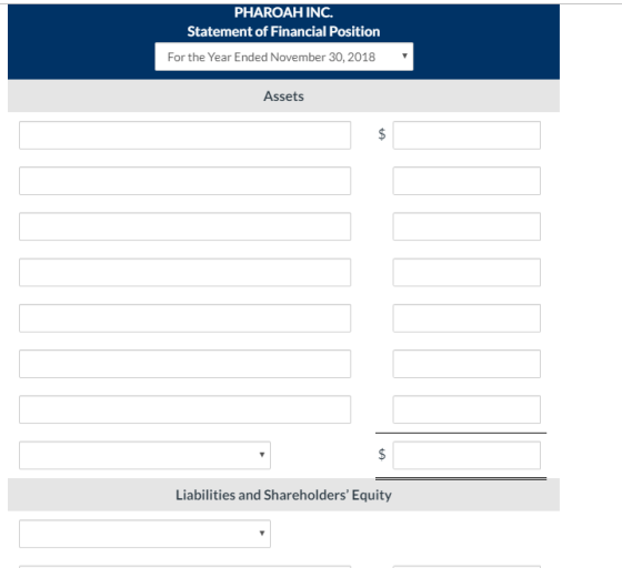 PHAROAH INC. Statement of Financial Position For the Year Ended November 30, 2018 Assets $ Liabilities and Shareholders Equi