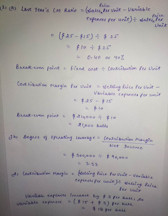 Price (7) (as last years Cm Ratio = (sales per unit - Variable expenses per unit) & sales ver Price Unit = ($25-415) $25 - $