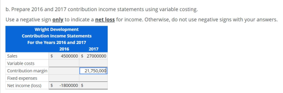 b. Prepare 2016 and 2017 contribution income statements using variable costing. Use a negative sign only to indicate a net lo