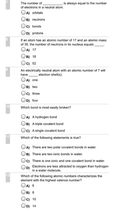 The number of is always equal to the number of electrons in a neutral atom. OA) orbitals OB) neutrons Oc) bonds OD) protons I