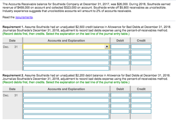The Accounts Receivable balance for Southside Company at December 31, 2017, was $26,000. During 2018, Southside earned revenu