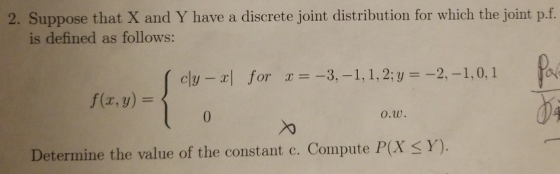 2. Suppose that X and Y have a discrete joint distribution for which the joint p.f. is defined as follows: cly - xfor x = -3,