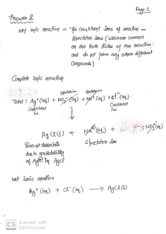 Page 1 Answert 2 Net ionic reaction = The constituent ions of reaction – Spectatou ions which asie common on the Both Sidea o
