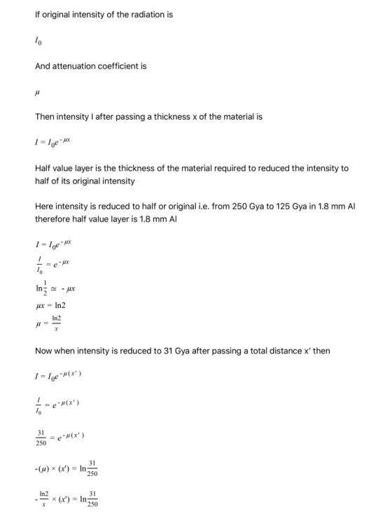 If original intensity of the radiation is 10 And attenuation coefficient is u Then intensity I after passing a thickness x of